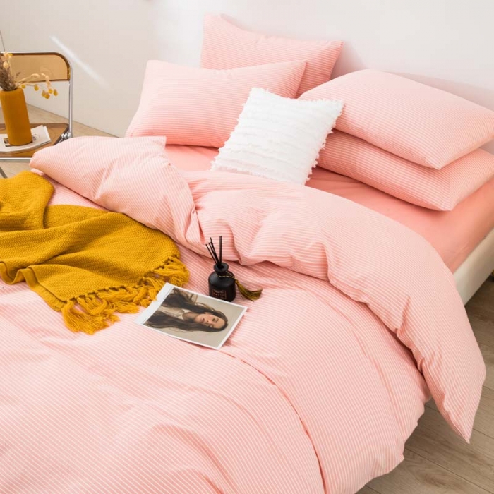 91家纺网 家纺一手货源 找家纺 柠萌家居 2021新款全棉色织水洗棉床品四件套 粉细条