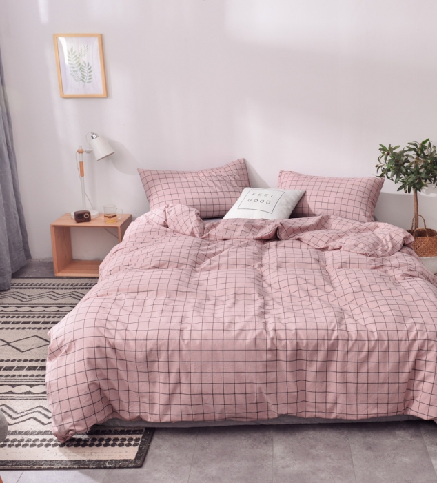 91家纺网 家纺一手货源 找家纺 柠萌家居 2021新款全棉色织水洗棉床品四件套 格纹-豆沙