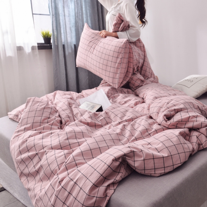 91家纺网 家纺一手货源 找家纺 柠萌家居 2021新款全棉色织水洗棉床品四件套 格纹-豆沙