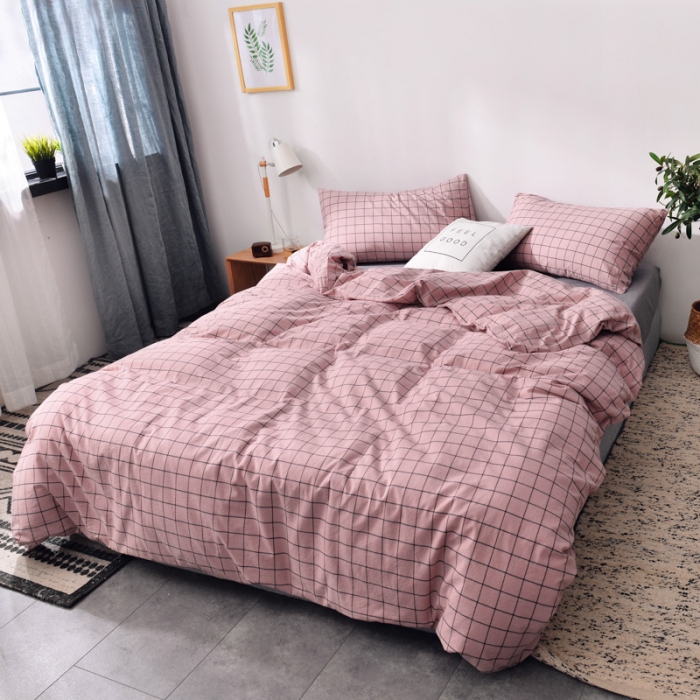 91家纺网 家纺一手货源 找家纺 柠萌家居 2021新款全棉色织水洗棉床品四件套 格纹-豆沙