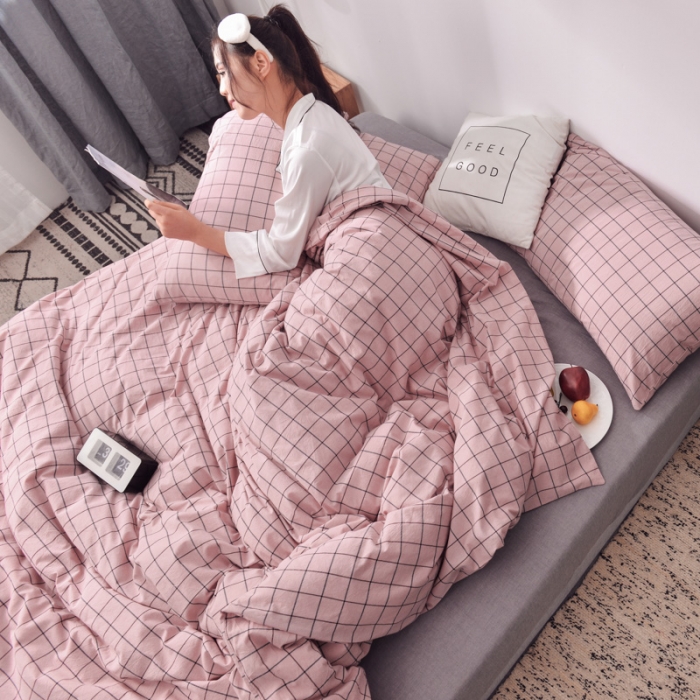 91家纺网 家纺一手货源 找家纺 柠萌家居 2021新款全棉色织水洗棉床品四件套 格纹-豆沙