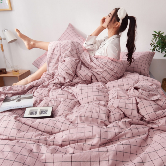 91家纺网 家纺一手货源 找家纺 柠萌家居 2021新款全棉色织水洗棉床品四件套 格纹-豆沙