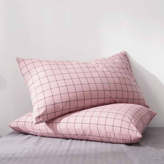 91家纺网 家纺一手货源 找家纺 柠萌家居 2021新款全棉色织水洗棉床品四件套 格纹-豆沙