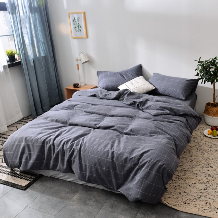 91家纺网 家纺一手货源 找家纺 柠萌家居 2021新款全棉色织水洗棉床品四件套 格纹-冷灰