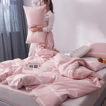 柠萌家居 2021新款全棉色织水洗棉床品四件套 宽双线-粉白条