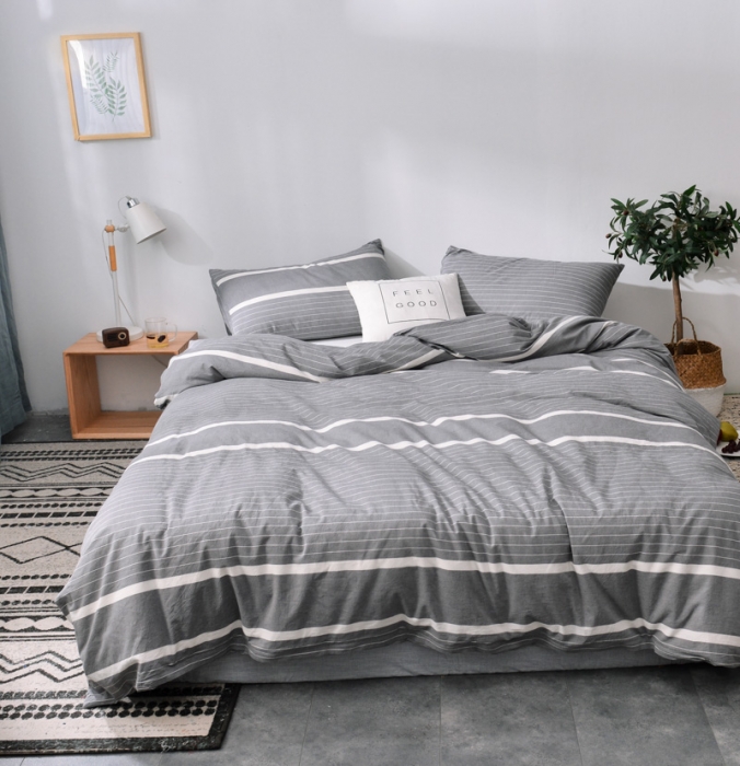 91家纺网 家纺一手货源 找家纺 柠萌家居 2021新款全棉色织水洗棉床品四件套 宽双线-灰白条