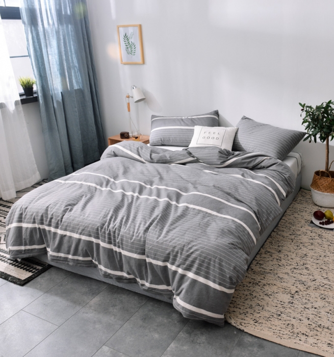 91家纺网 家纺一手货源 找家纺 柠萌家居 2021新款全棉色织水洗棉床品四件套 宽双线-灰白条