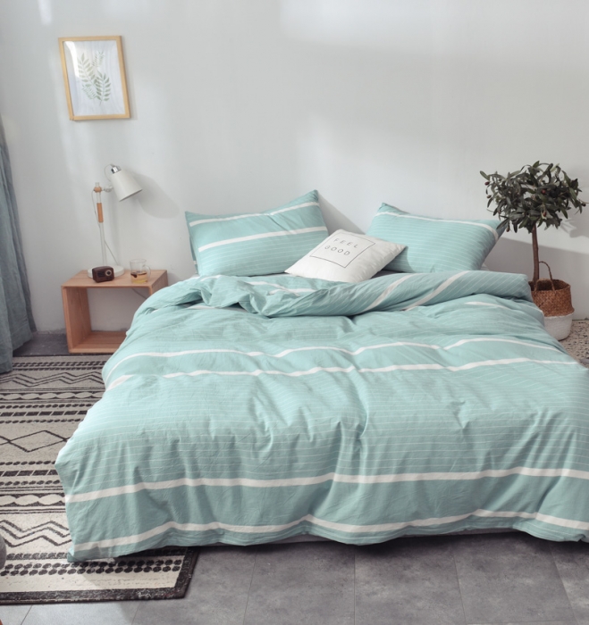 91家纺网 家纺一手货源 找家纺 柠萌家居 2021新款全棉色织水洗棉床品四件套 宽双线-绿白条