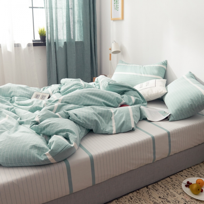 91家纺网 家纺一手货源 找家纺 柠萌家居 2021新款全棉色织水洗棉床品四件套 宽双线-绿白条