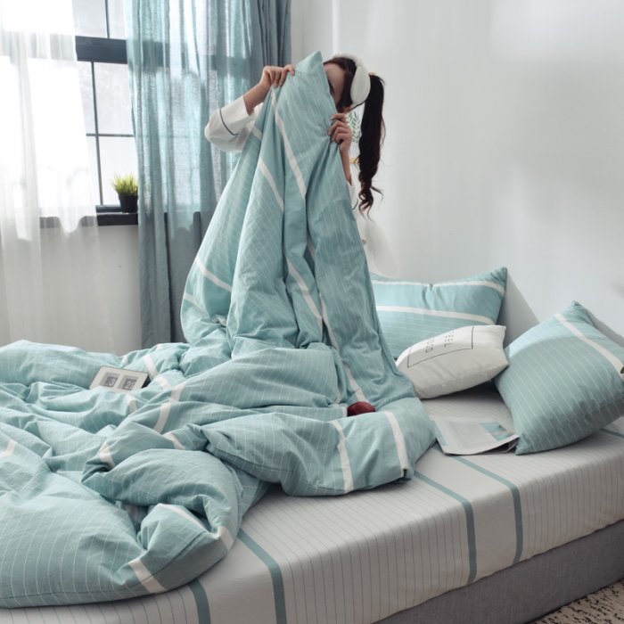 91家纺网 家纺一手货源 找家纺 柠萌家居 2021新款全棉色织水洗棉床品四件套 宽双线-绿白条