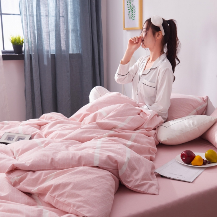 91家纺网 家纺一手货源 找家纺 柠萌家居 2021新款全棉色织水洗棉床品四件套 宽双线-玉