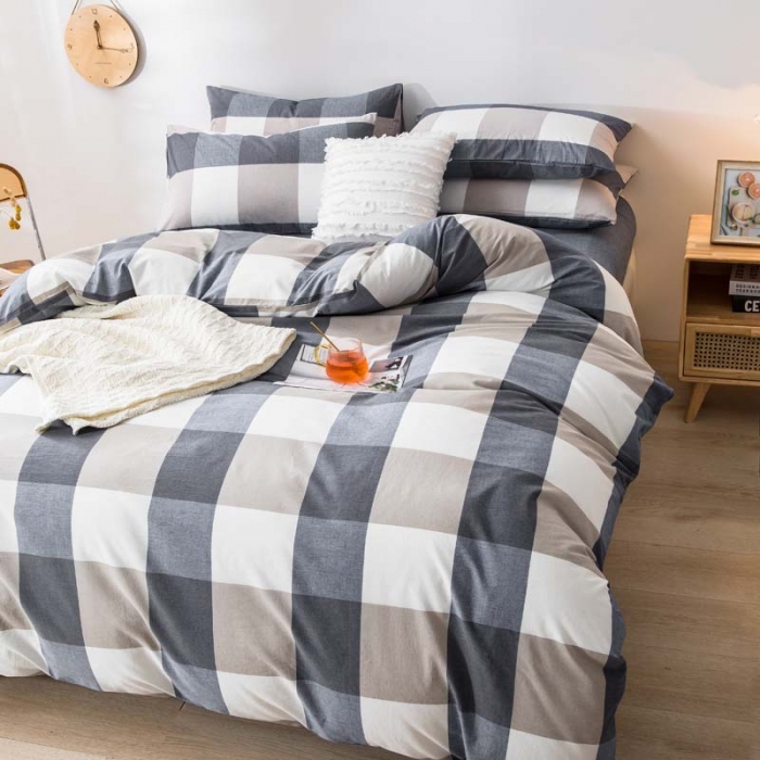 91家纺网 家纺一手货源 找家纺 柠萌家居 2021新款全棉色织水洗棉床品四件套 蓝大格