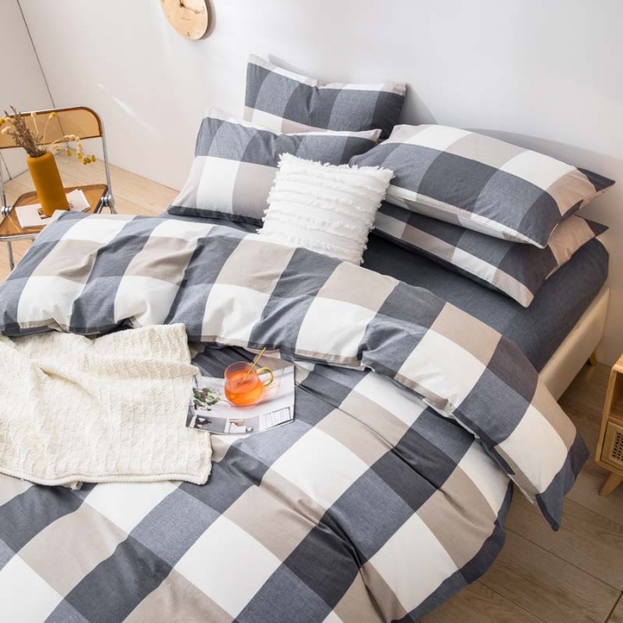 91家纺网 家纺一手货源 找家纺 柠萌家居 2021新款全棉色织水洗棉床品四件套 蓝大格