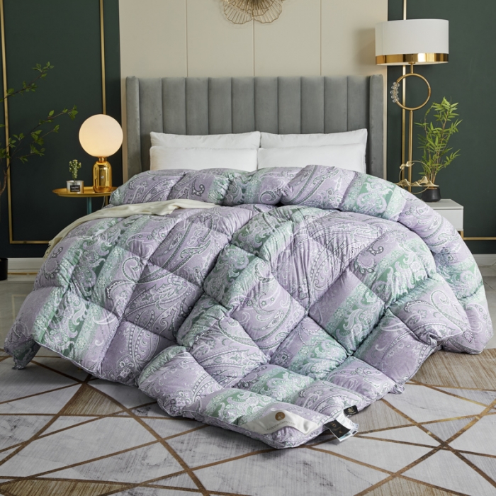 91家纺网 家纺一手货源 找家纺 织梦人95级鹅绒被120支全棉活性印花大量现货花叶海棠-浅紫