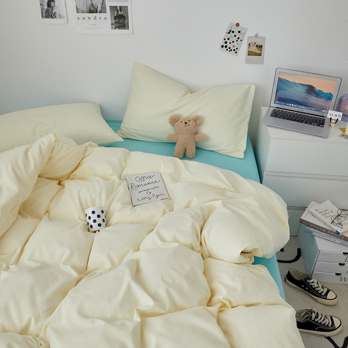 91家纺网 家纺一手货源 找家纺 优承佳生活馆 2023新款纯色亲肤磨毛四件套 奶黄薄荷