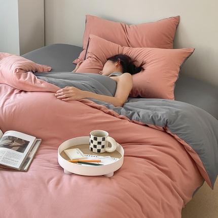 91家纺网 家纺一手货源 找家纺 华超针织 2021新款全棉天竺棉纯色双拼四件套 紫粉拼深灰