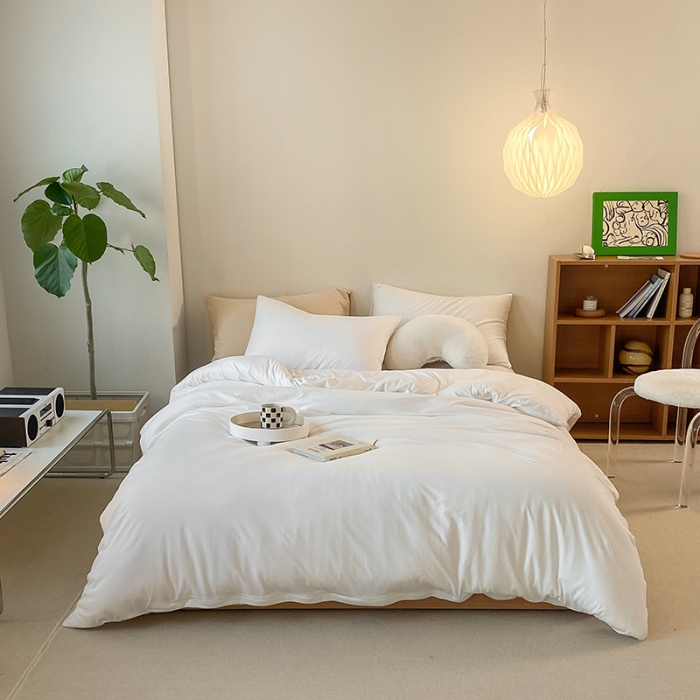 91家纺网 家纺一手货源 找家纺 华超针织 2021新款全棉天竺棉纯色双拼四件套 白色