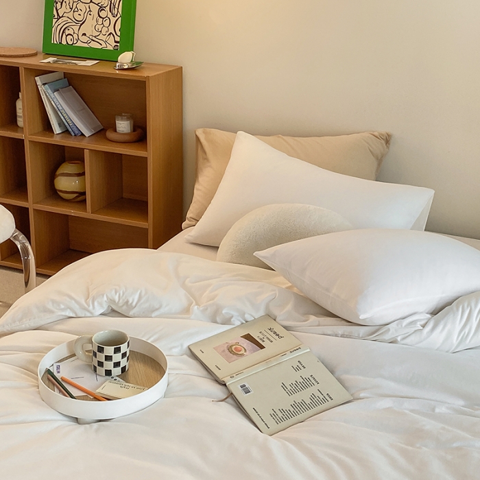 91家纺网 家纺一手货源 找家纺 华超针织 2021新款全棉天竺棉纯色双拼四件套 白色