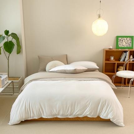 华超针织 2021新款全棉天竺棉纯色双拼四件套 白色拼杏色