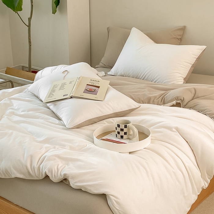 91家纺网 家纺一手货源 找家纺 华超针织 2021新款全棉天竺棉纯色双拼四件套 白色拼杏色