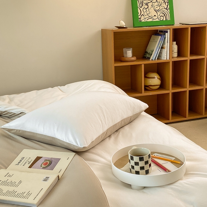 91家纺网 家纺一手货源 找家纺 华超针织 2021新款全棉天竺棉纯色双拼四件套 白色拼杏色