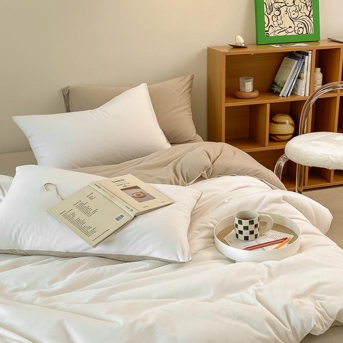 91家纺网 家纺一手货源 找家纺 华超针织 2021新款全棉天竺棉纯色双拼四件套 白色拼杏色