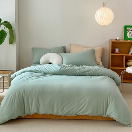 华超针织 2021新款全棉天竺棉纯色双拼四件套 豆绿