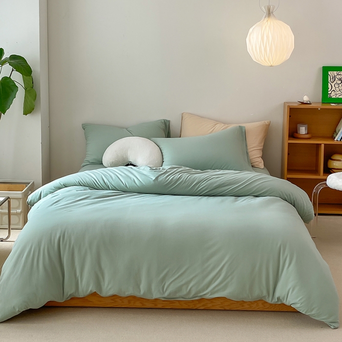 91家纺网 家纺一手货源 找家纺 华超针织 2021新款全棉天竺棉纯色双拼四件套 豆绿