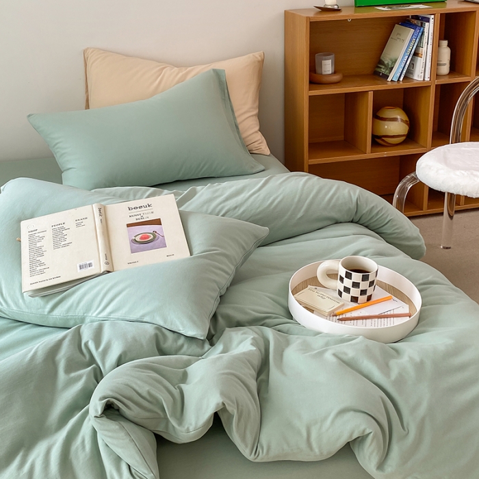 91家纺网 家纺一手货源 找家纺 华超针织 2021新款全棉天竺棉纯色双拼四件套 豆绿