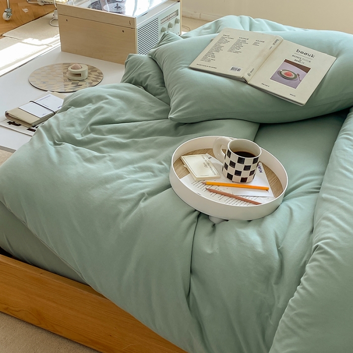 91家纺网 家纺一手货源 找家纺 华超针织 2021新款全棉天竺棉纯色双拼四件套 豆绿