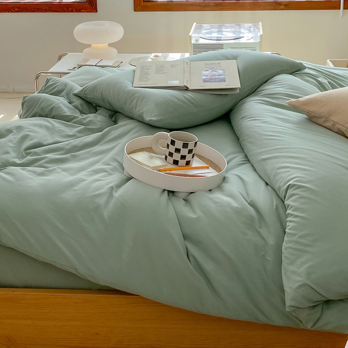 91家纺网 家纺一手货源 找家纺 华超针织 2021新款全棉天竺棉纯色双拼四件套 豆绿