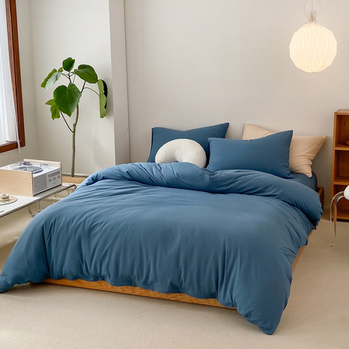 91家纺网 家纺一手货源 找家纺 华超针织 2021新款全棉天竺棉纯色双拼四件套 海蓝