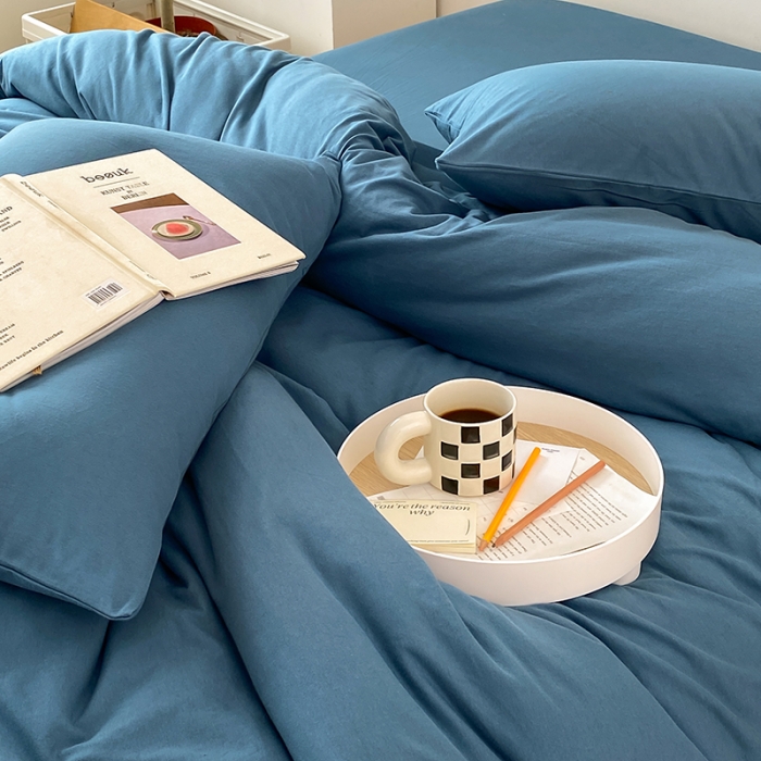 91家纺网 家纺一手货源 找家纺 华超针织 2021新款全棉天竺棉纯色双拼四件套 海蓝