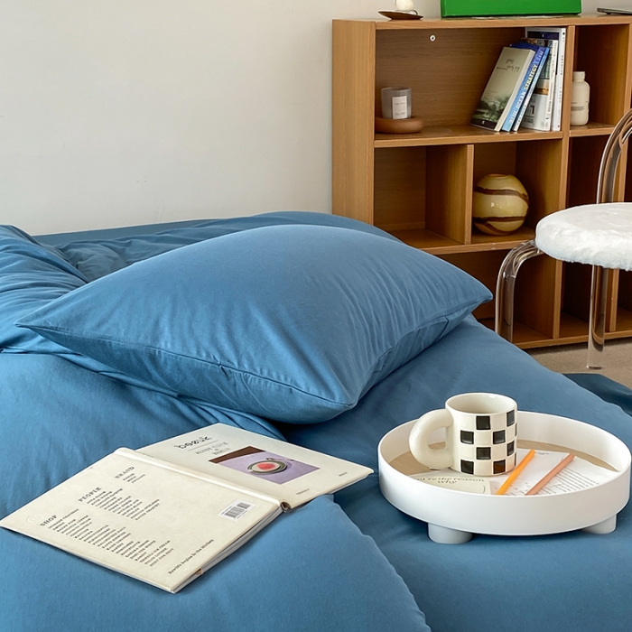 91家纺网 家纺一手货源 找家纺 华超针织 2021新款全棉天竺棉纯色双拼四件套 海蓝