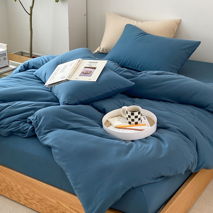 91家纺网 家纺一手货源 找家纺 华超针织 2021新款全棉天竺棉纯色双拼四件套 海蓝