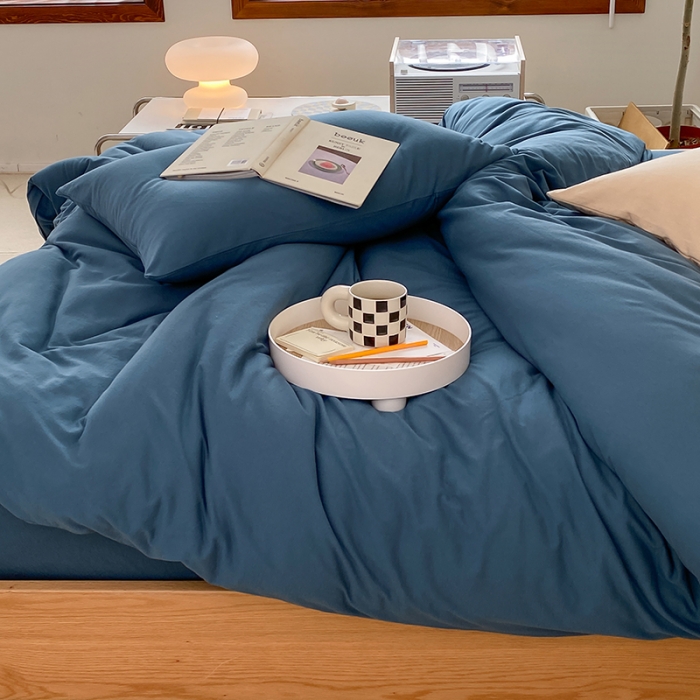 91家纺网 家纺一手货源 找家纺 华超针织 2021新款全棉天竺棉纯色双拼四件套 海蓝