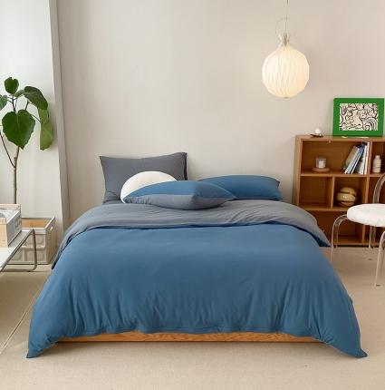 华超针织 2021新款全棉天竺棉纯色双拼四件套 海蓝拼深灰