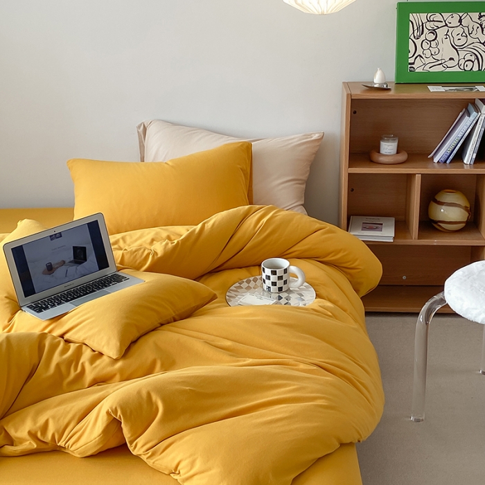 91家纺网 家纺一手货源 找家纺 华超针织 2021新款全棉天竺棉纯色双拼四件套 姜黄