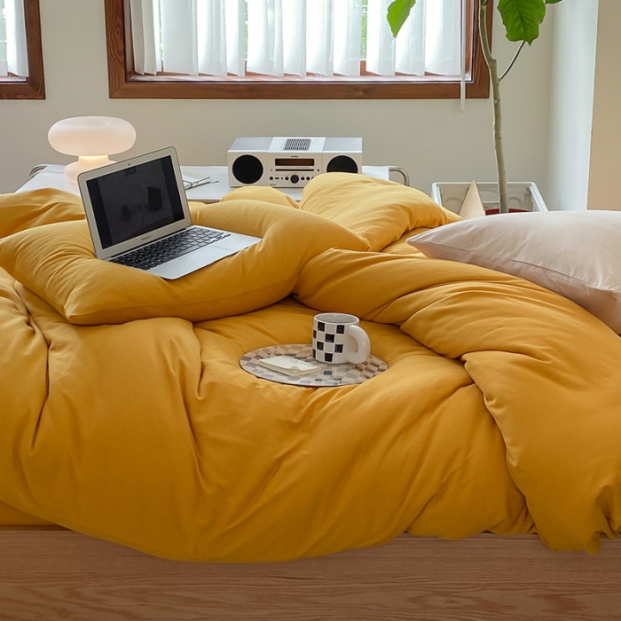 91家纺网 家纺一手货源 找家纺 华超针织 2021新款全棉天竺棉纯色双拼四件套 姜黄