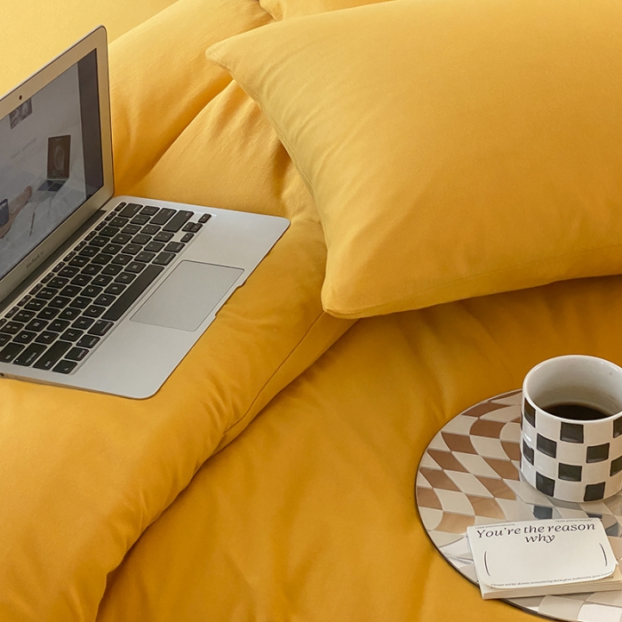 91家纺网 家纺一手货源 找家纺 华超针织 2021新款全棉天竺棉纯色双拼四件套 姜黄