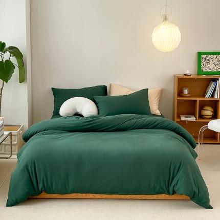 华超针织 2021新款全棉天竺棉纯色双拼四件套 墨绿