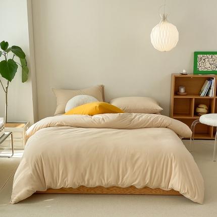 华超针织 2021新款全棉天竺棉纯色双拼四件套 奶茶