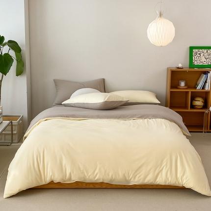 华超针织 2021新款全棉天竺棉纯色双拼四件套 奶黄拼杏色