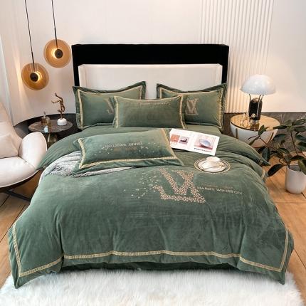 2021新款高克重婴儿绒轻奢风刺绣四件套 ｖ－ｌｏｖｅ宝石绿