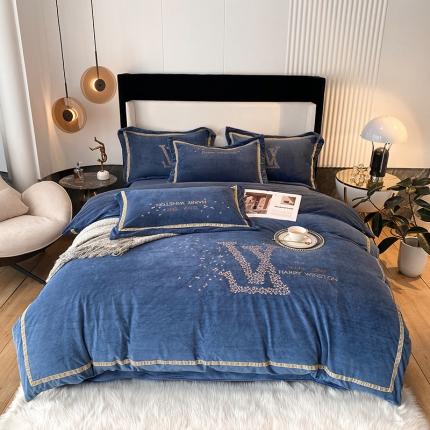 2021新款高克重婴儿绒轻奢风刺绣四件套 ｖ－ｌｏｖｅ蓝色