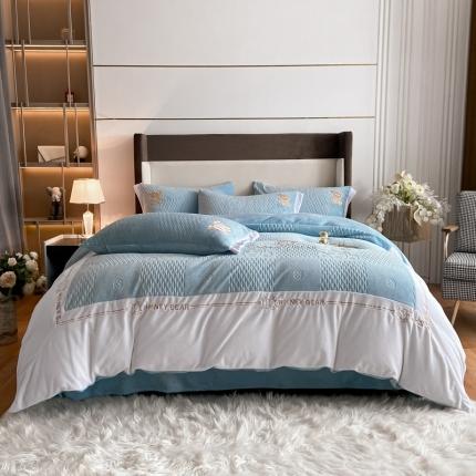 91家纺网 家纺一手货源 找家纺 博纳 2021新款牛奶绒刺绣四件套-安迪 天蓝