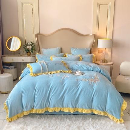 91家纺网 家纺一手货源 找家纺 博纳 2021新款牛奶绒刺绣四件套-安娜 天蓝