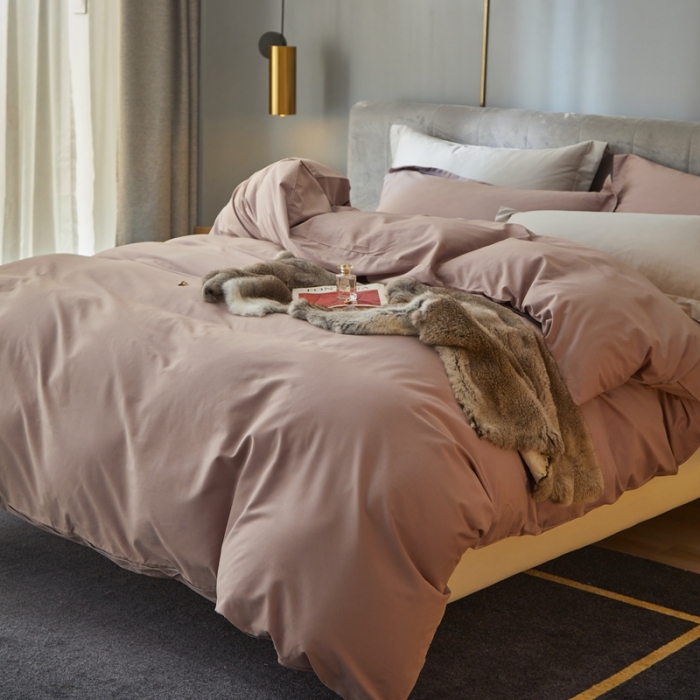 91家纺网 家纺一手货源 找家纺 涞澳家纺 2021新款50支磨绒纯色四件套-风格一 暗豆沙