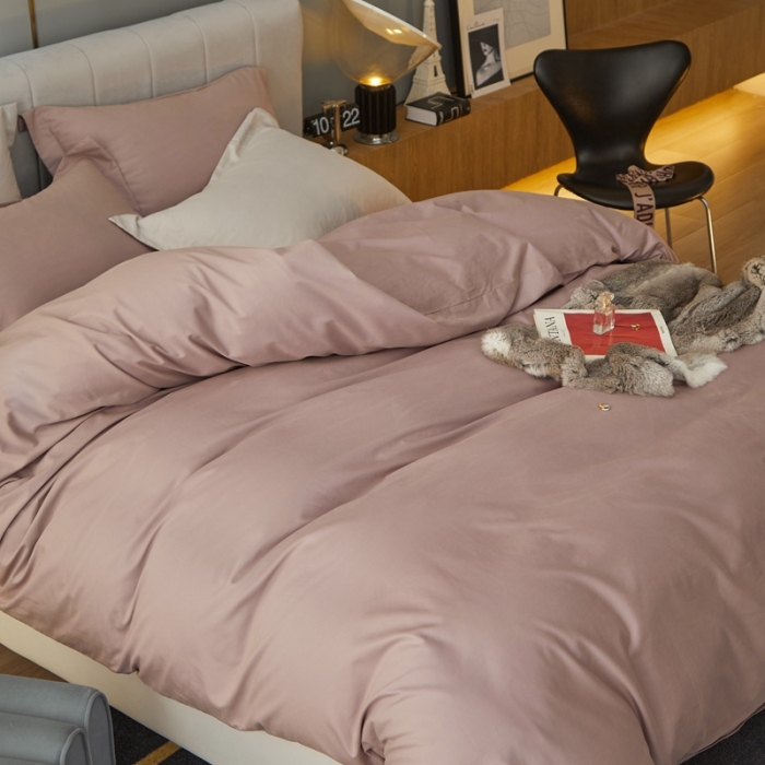 91家纺网 家纺一手货源 找家纺 涞澳家纺 2021新款50支磨绒纯色四件套-风格一 暗豆沙