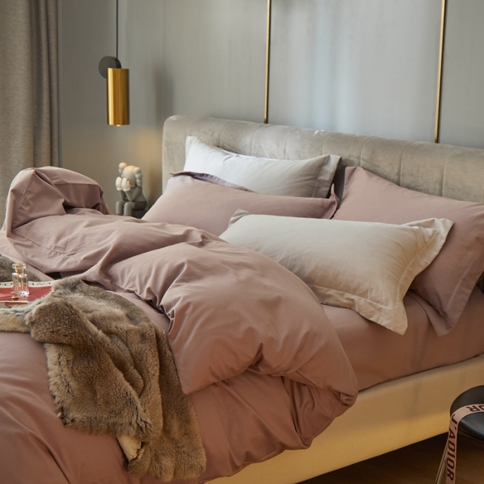 91家纺网 家纺一手货源 找家纺 涞澳家纺 2021新款50支磨绒纯色四件套-风格一 暗豆沙